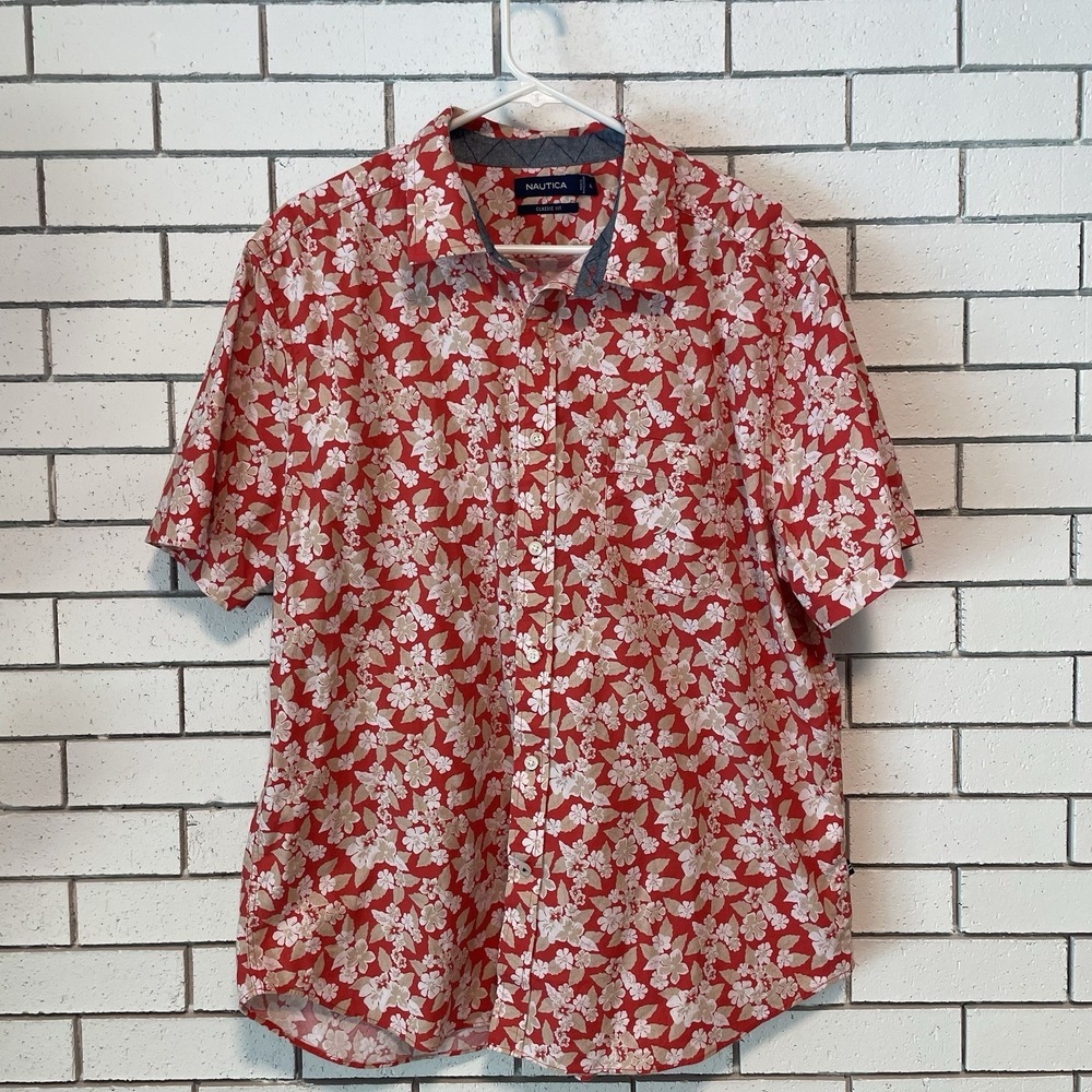 Nautica Mens Hawaiian Shirt Pink Floral Cotton Button Up Classic Fit XL
